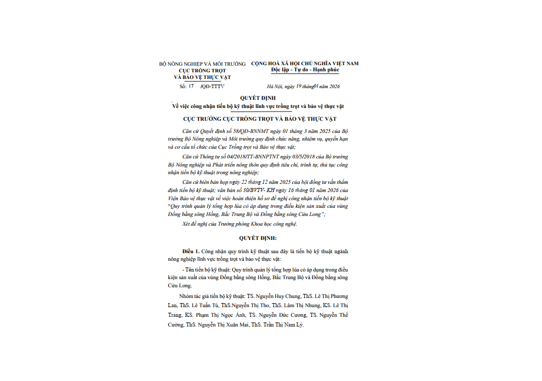 Quyết định về việc công nhận tiến bộ kỹ thuật lĩnh vực trồng trọt và bảo vệ thực vật